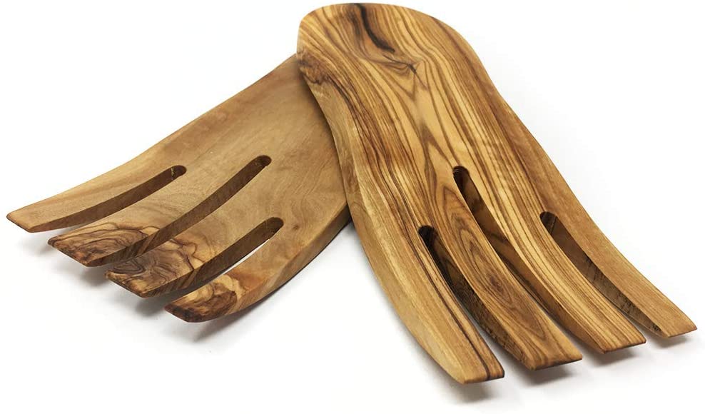 Handmade Olive Wood Salad Servers Serving Hands Tosser - Salad Servers Tongs – Best for Serving Salad, Pasta, Fruit ; Kitchen Helper - and Spoon Rest Pack of 2