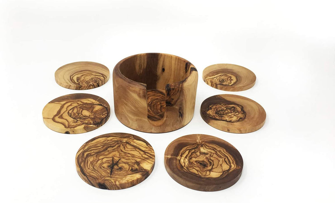 Olive Wood Round Coaster- Undergrowth cups Handmade Decorative; Tunisian Handicrafts for coffee drinks, tea, cafe, mocha and latte, set of 6, stand for home and office