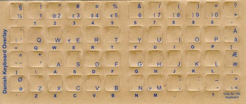 Danish Keyboard Stickers - Labels - Overlays with Blue Characters for White Computer Keyboard