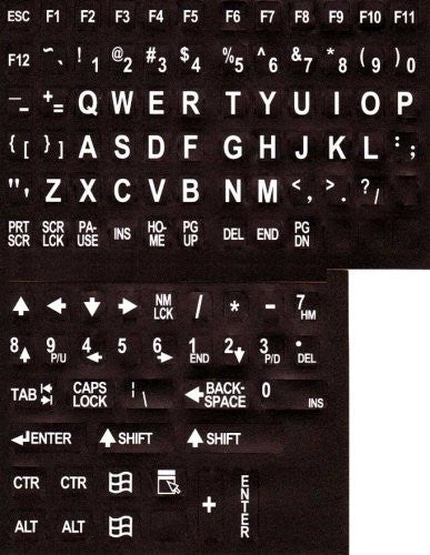 Large Print English Keyboard Stickers (Lexan® Polycarbonate Material, 3M® Adhesive) for the Visually Impaired